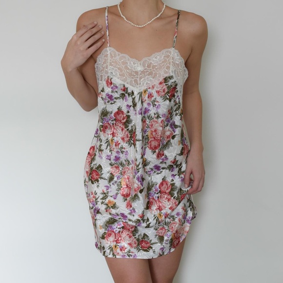 Vintage 80s Dainty Floral Satin Slip Dress - Picture 2 of 5